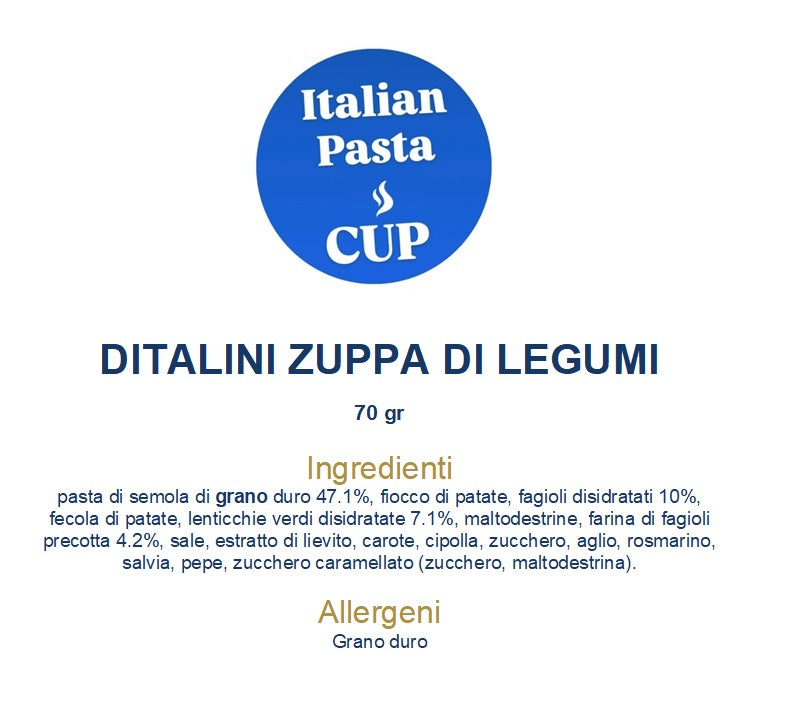ITALIAN PASTA CUP - DITALINI ZUPPA DI LEGUMI - Prezzo di lancio